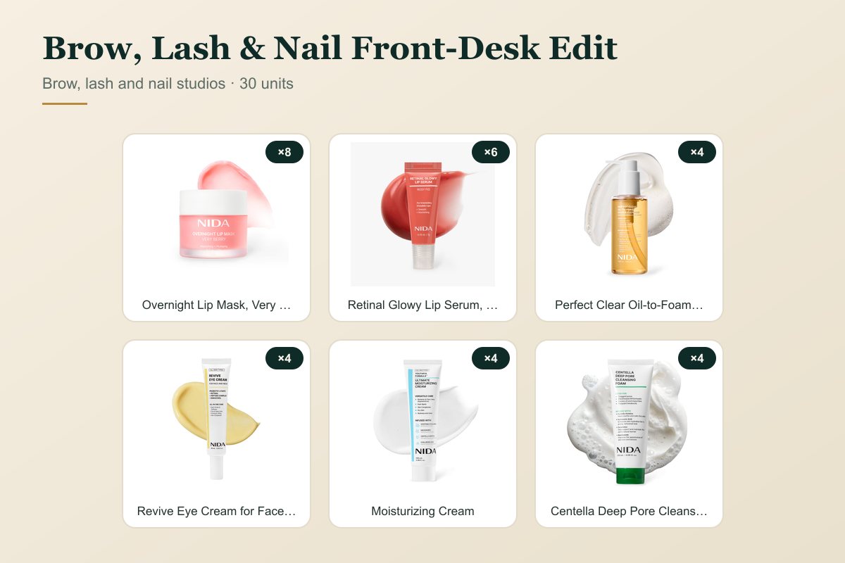 Brow, Lash & Nail Front-Desk Edit bundle: Overnight Lip Mask, Very Berry, Retinal Glowy Lip Serum, Rosy Fig, Perfect Clear Oil-to-Foam Double Cleanser, Revive Eye Cream for Face & Neck, Youthful Formula Ultimate Moisturizing Cream, Centella Deep Pore Cleansing Foam