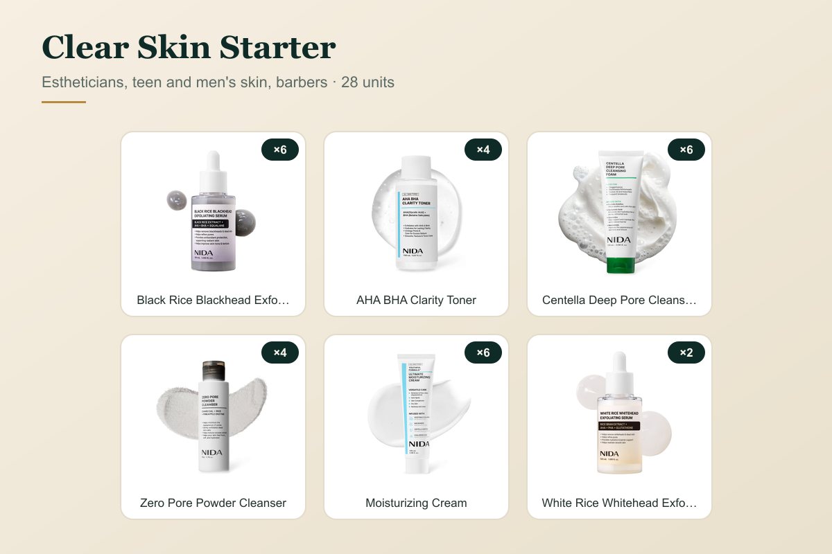 Clear Skin Starter bundle: Black Rice Blackhead Exfoliating Serum, AHA BHA Clarity Toner, Centella Deep Pore Cleansing Foam, Zero Pore Powder Cleanser, Youthful Formula Ultimate Moisturizing Cream, White Rice Whitehead Exfoliating Serum