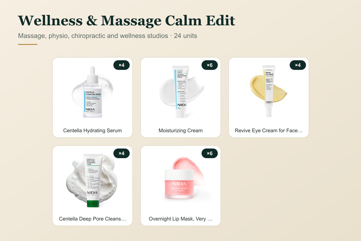 Wellness & Massage Calm Edit bundle: Centella Hydrating Serum, Youthful Formula Ultimate Moisturizing Cream, Revive Eye Cream for Face & Neck, Centella Deep Pore Cleansing Foam, Overnight Lip Mask, Very Berry